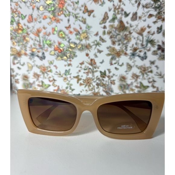 Women's Beige Nude Narrow Cat Eye Rectangle Modern Sunglasses 400 UV Protection - Picture 7 of 7